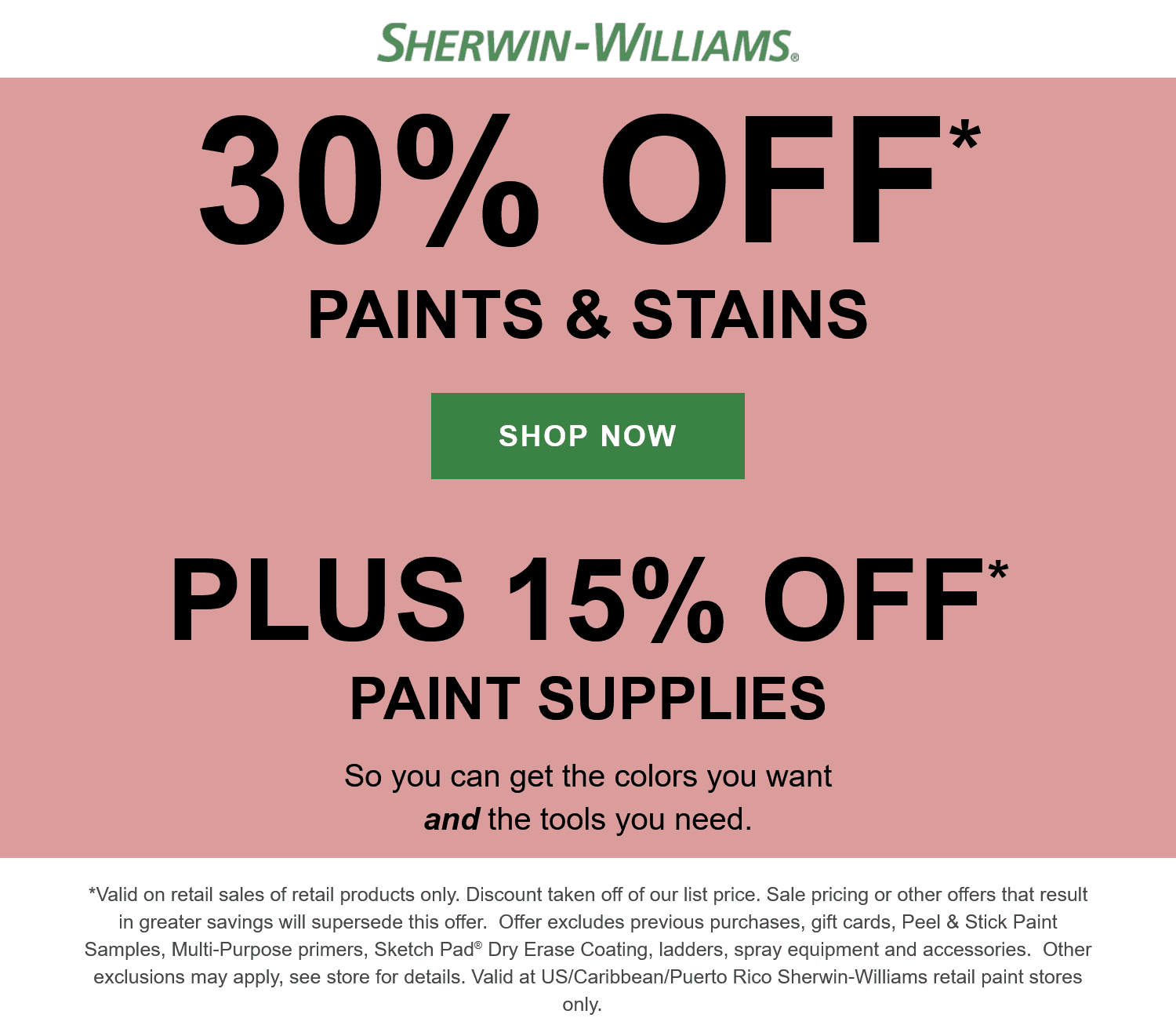 15 Off Supplies 30 Off Paints At Sherwin Williams sherwinwilliams 