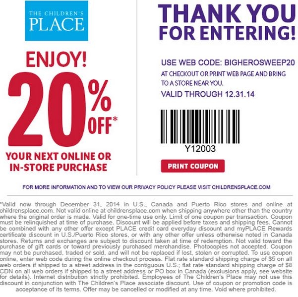 20 Childrens Place Coupon Expires December 31 2014 20 Childrens Place Coupon Expires December 31 2014