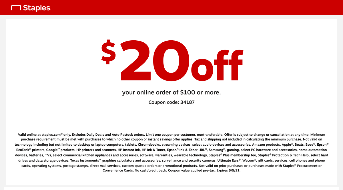 20 Off 100 Online At Staples Via Promo Code 34187 staples The