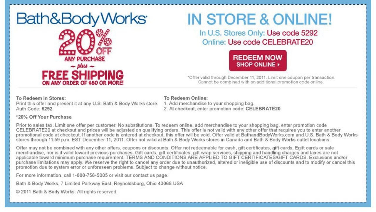 20 Percent Off Bath And Body Works Coupon Printable