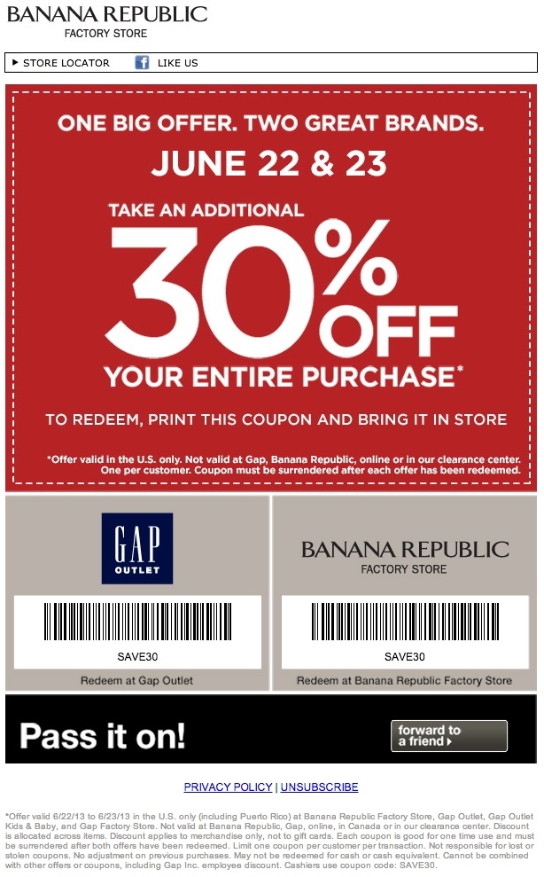 30 Off Gap Outlet Banana Republic Factory Printable Coupon Free 