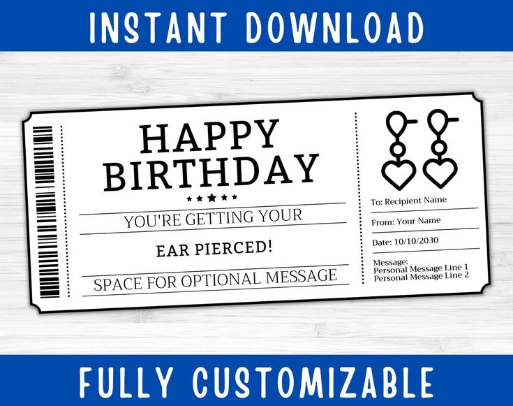Birthday Ear Piercing Ticket Gift Surprise Ear Piercing Ticket 