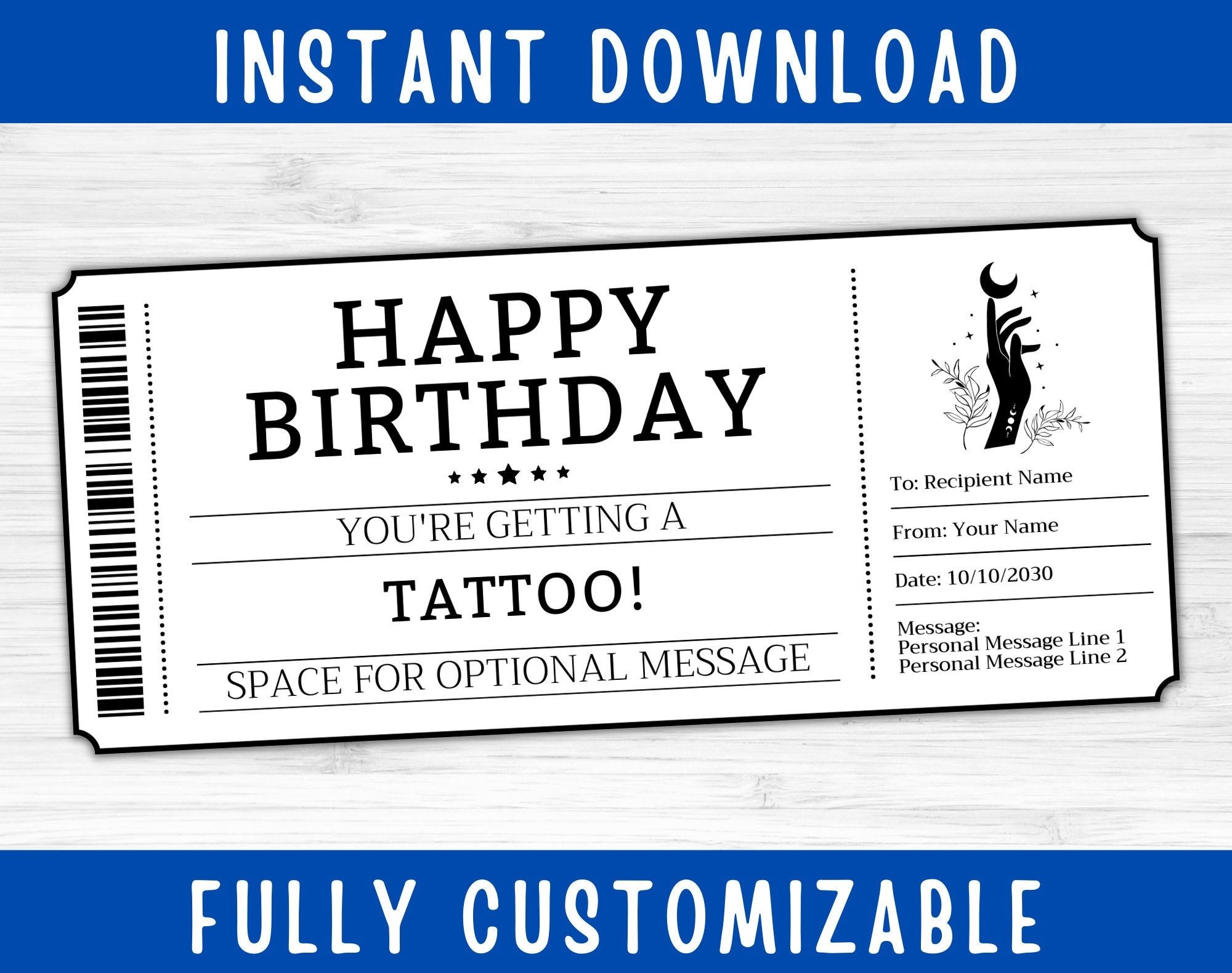 Birthday Tattoo Voucher Card Certificate Ticket Coupon Editable 