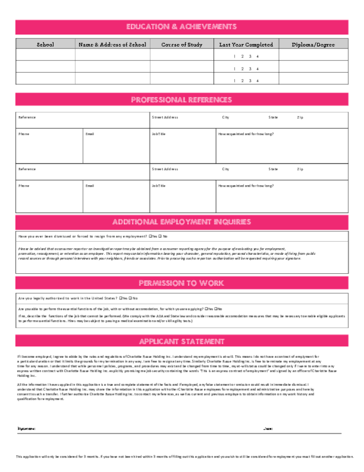 Charlotte Russe Printable Application Printable Application