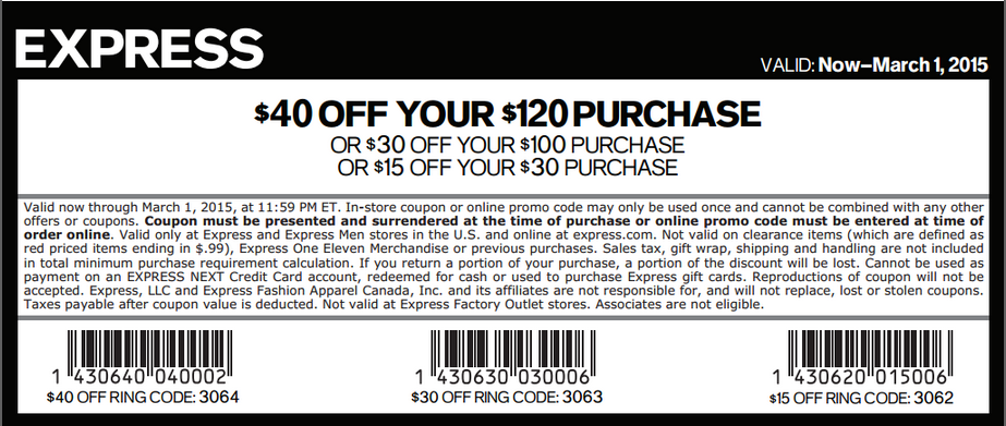 Express Coupon Code 40 Off 120 30 Off 100 Or 15 Off 30 