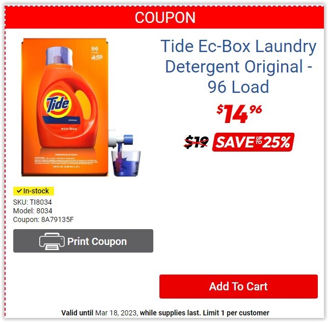 Factory Direct ON YMMV Tide Laundry Detergent Liquid Eco Box 