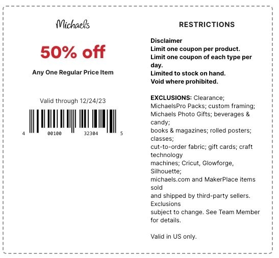 Michaels Coupon 50 Off Any One Regular Price Item WeeklyAds2