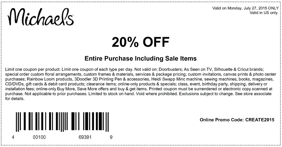 Michaels Printable Coupons April 2017 20 Off Entire Purchase Coupon