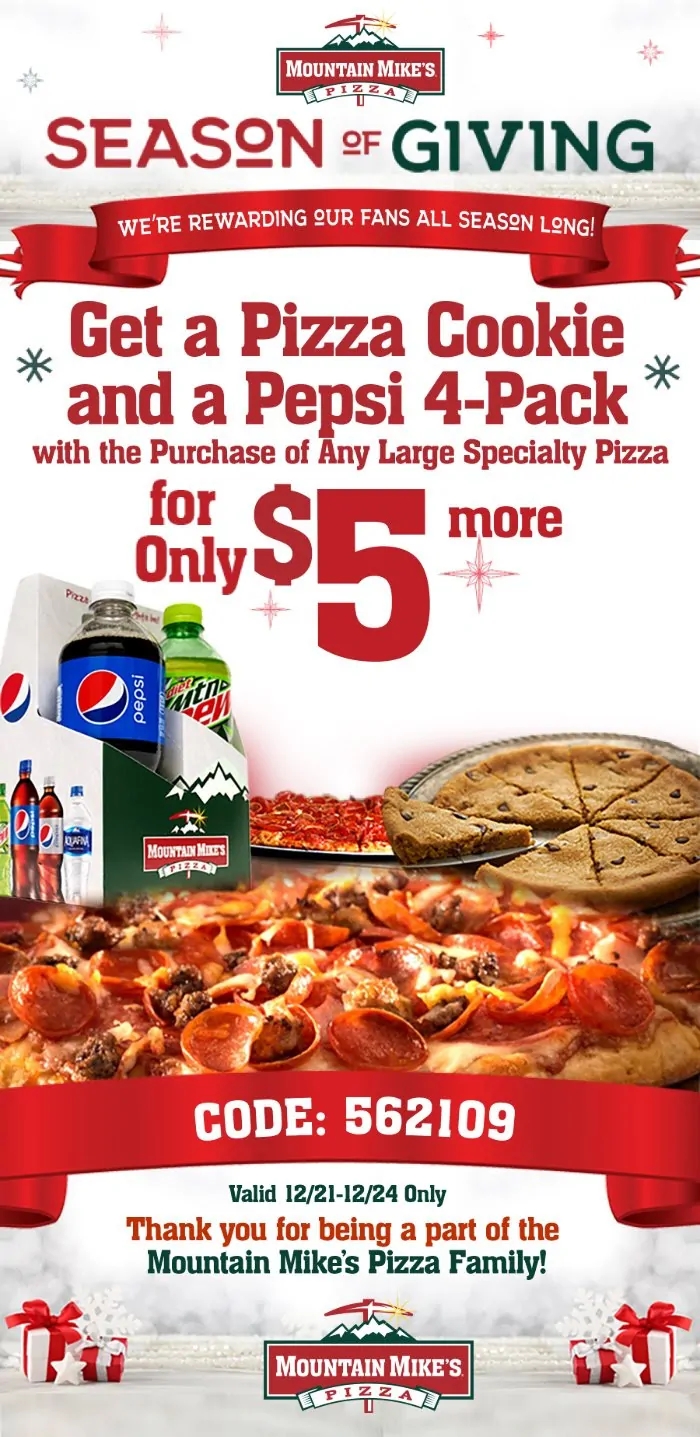 Mountain Mikes Pizza Coupon Code Get A Pizza Cookie And A Pepsi 4 Pack 