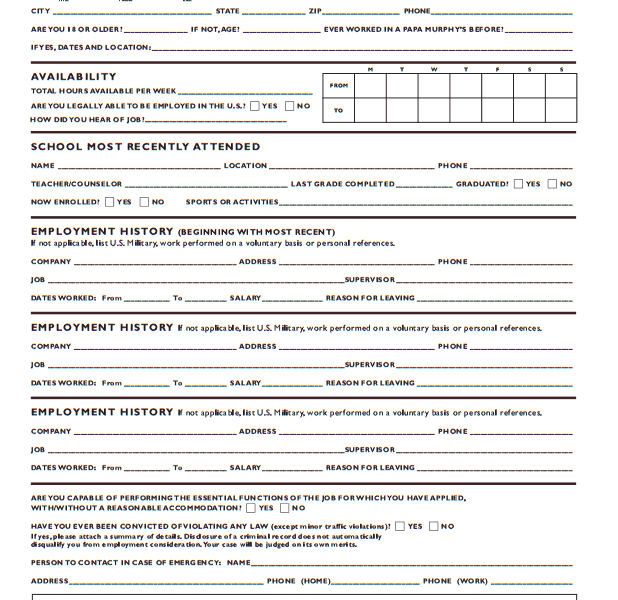 Papa Murphy 39 s Printable Application Printable Application