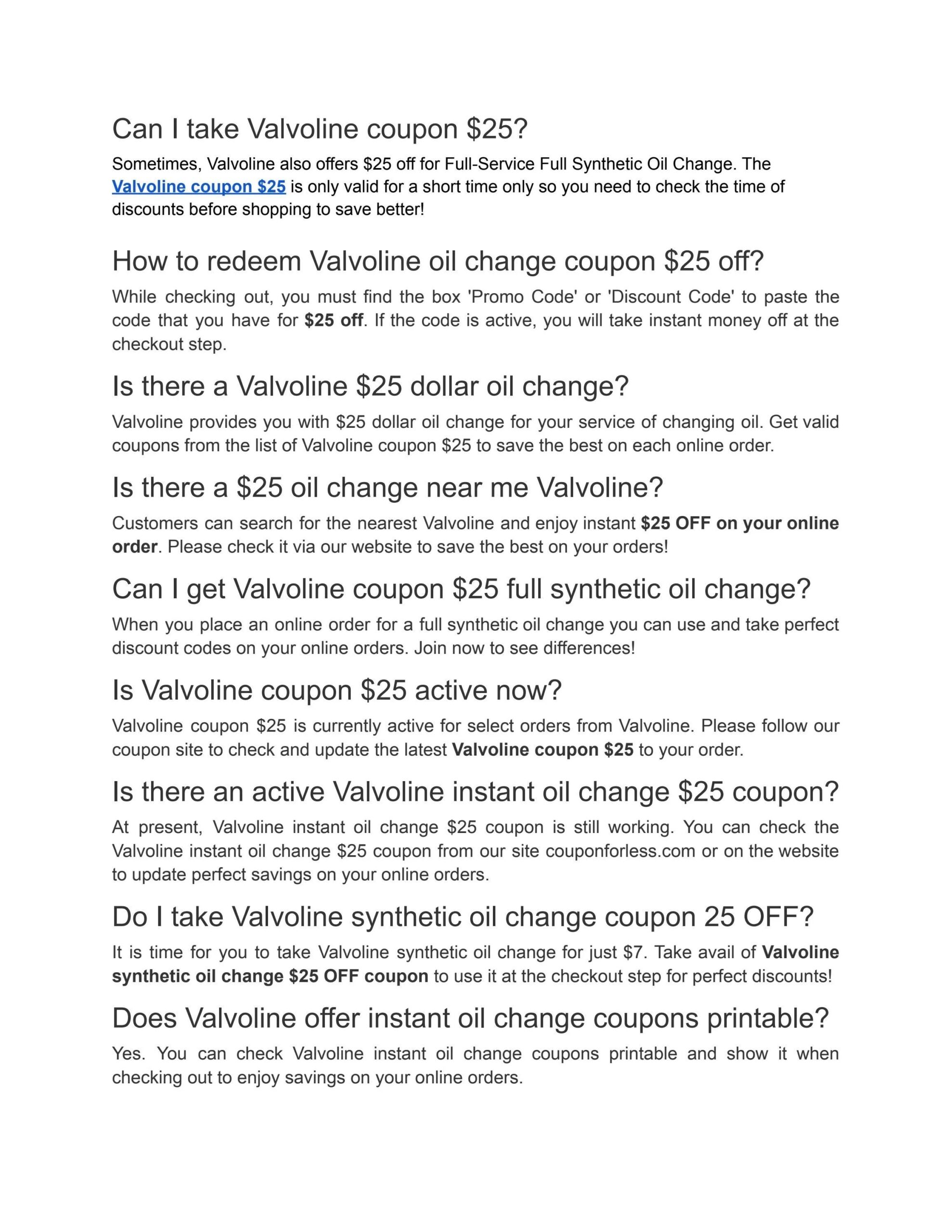 Printable Valvoline Oil Change Coupon
